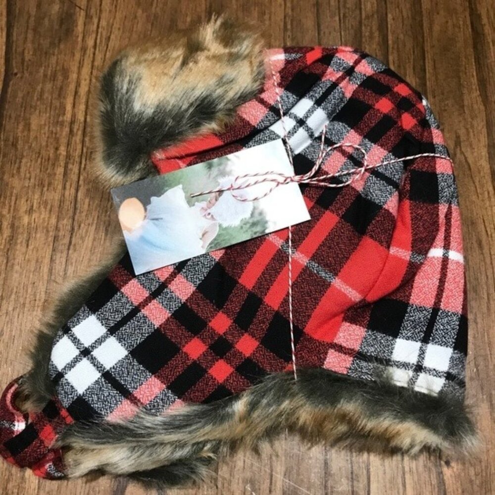 Red Plaid Faux Fur Trapper Hat Festive Holiday Classic Preppy Tartan 4 Youth